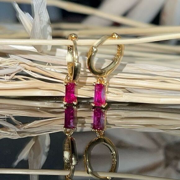 Gold Plated Dangle Huggie Hoop Earrings Dainty Minimalistic Silver CZ gems - Picture 2 of 2